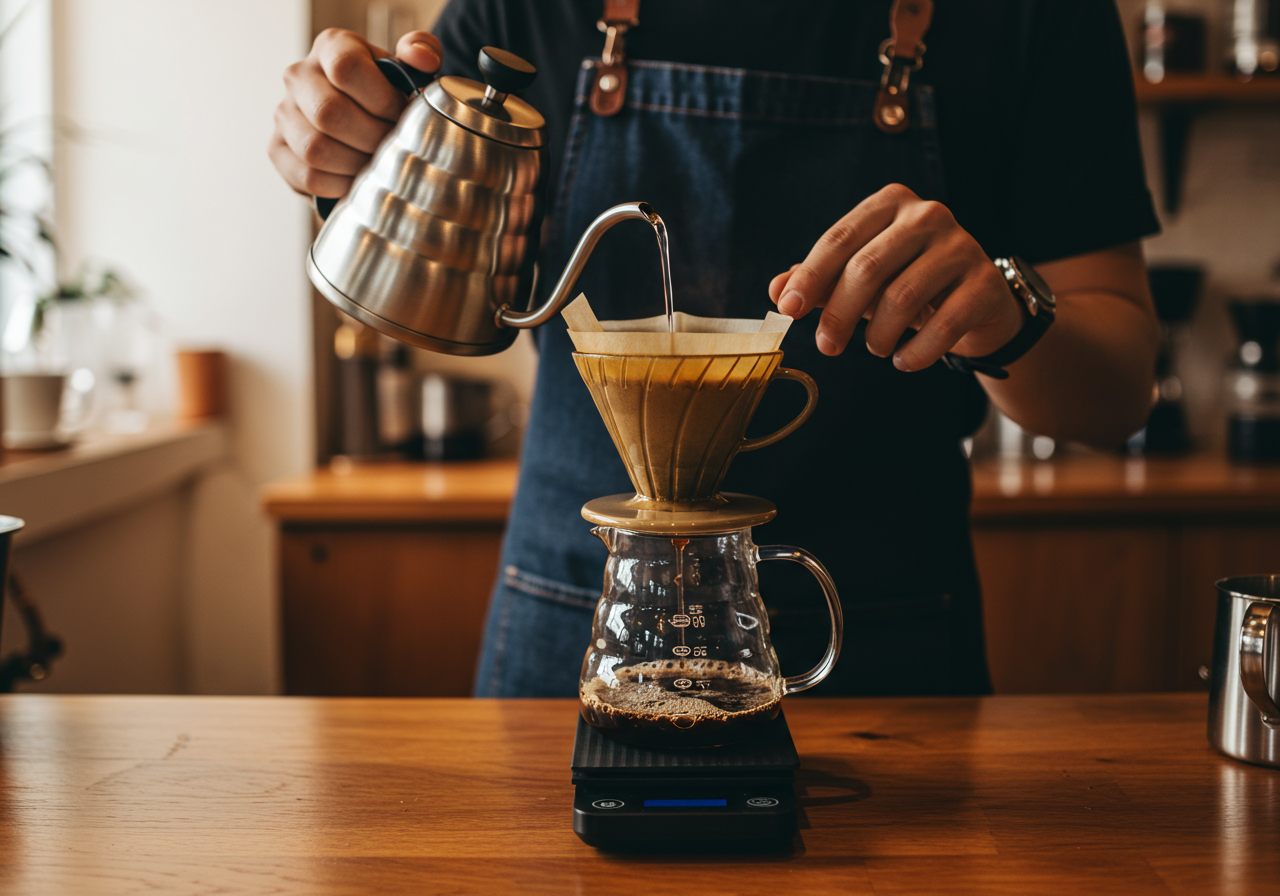 barista preparando un pour-over en Café Vereda, Colima